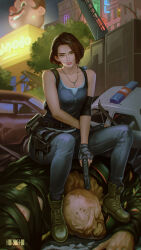 1boy 1girl black_gloves blue_eyes blue_pants blue_shirt brown_hair elbow_pads fingerless_gloves gloves gun halhe highres holding holding_gun holding_weapon jewelry jill_valentine necklace nemesis_(resident_evil) pants resident_evil resident_evil_3:_nemesis resident_evil_3_(remake) shirt short_hair single_elbow_pad sitting sitting_on_person weapon