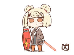1girl akanotanin13 animal_ears arknights bear_ears bear_girl black_dress blonde_hair brown_jacket candy_hair_ornament chibi commentary_request dress energy_sword food-themed_hair_ornament gummy_(arknights) gundam hair_ornament hairclip holding holding_shield holding_sword holding_weapon jacket lollipop_hair_ornament long_sleeves mobile_suit_gundam open_clothes open_jacket orange_pantyhose pantyhose red_eyes sailor_collar sailor_dress shield short_hair signature simple_background solo sword weapon white_background white_sailor_collar
