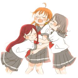 3girls :d ahoge blush bow braid closed_eyes commentary cropped_legs english_commentary grey_hair grey_sailor_collar grey_skirt grin group_hug hair_bow hair_ornament hairclip half_updo hug hug_from_behind kase_(ks_lys) long_hair love_live! love_live!_sunshine!! medium_hair miniskirt multiple_girls neckerchief open_mouth orange_hair pleated_skirt red_hair red_neckerchief sailor_collar sakurauchi_riko school_uniform shirt short_sleeves side_braid simple_background skirt smile standing summer_uniform takami_chika tie_clip uranohoshi_school_uniform watanabe_you white_background white_shirt yellow_bow