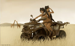2girls all-terrain_vehicle animal_ears assault_rifle bikini black_eyes black_hair blue_eyes boots brown_footwear cat_ears commentary dead-robot giraffe grass gun long_hair mixed-language_commentary motor_vehicle multiple_girls multiple_riders navel original outdoors riding rifle short_hair shorts swimsuit tree weapon weapon_on_back white_bikini