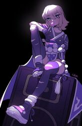 1girl arm_on_own_leg black_background black_choker black_gloves black_shoes black_thighhighs blonde_hair blowing_bubble_gum bright_pupils chewing_gum choker eyeshadow fingerless_gloves full_body gloves grey_eyes hair_between_eyes highres japanese_clothes kiriko_(overwatch) knee_up knees light_blush makeup medium_hair overwatch puffy_short_sleeves puffy_sleeves purple_eyeshadow purple_theme shoes short_sleeves signature simple_background sitting sneakers solo stereo studded_choker thighhighs torn_clothes torn_thighhighs white_pupils wikate