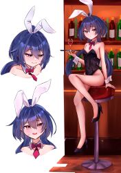 1girl absurdres alcohol animal_ears bar_(place) bare_shoulders blush bottle bow bowtie breasts cleavage covered_navel cup detached_collar drinking_glass embarrassed full_body hair_between_eyes hair_bun high_heels highres holding holding_tray honkai:_star_rail honkai_(series) leotard looking_at_viewer low_twintails multiple_views on_stool patter_kub playboy_bunny rabbit_ears red_bow red_bowtie sideboob sitting small_breasts sweat tray twintails wavy_mouth wine wine_bottle wine_glass wrist_cuffs yellow_eyes yunli_(honkai:_star_rail)