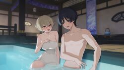 1boy 1girl alternate_costume alternate_hairstyle black_hair blonde_hair blurry blurry_background blush breasts crossed_bangs genshin_impact hair_between_eyes hair_bun hetero highres ia_(ias1010) indoors large_breasts lumine_(genshin_impact) naked_towel no_nipples nose_blush open_mouth pool scaramouche_(genshin_impact) sitting topless_male towel water wet