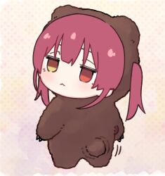 Rule 34 | 1girl, animal costume, bear costume, chibi, from behind, heterochromia, highres, hololive, houshou kumarine, houshou marine, long hair, looking at viewer, looking back, polka dot, polka dot background, red eyes, red hair, simple background, solo, twintails, virtual youtuber, yellow eyes, yuzuyukiha