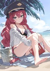 1girl absurdres bare_shoulders barefoot beach bikini black_bikini black_hat blue_archive blue_halo blush book breasts collarbone crab fang5hine feet grey_hair hair_between_eyes halo hat highres holding holding_book ice_bucket iroha_(blue_archive) loli long_hair looking_at_viewer ocean peaked_cap red_hair shirt small_breasts soles swimsuit thighs toes very_long_hair wavy_hair white_shirt