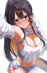 absurdres black_hair blue_bra bra bra_peek breasts camisole cleavage commentary_request denim denim_shorts detached_sleeves glasses goddess_of_victory:_nikke highres jewelry long_hair micro_shorts midriff moran_(nikke) moran_(off-duty_queen)_(nikke) multicolored_hair navel necklace official_alternate_costume ponytail red_eyes red_hair round_eyewear selfie shorts shupita simple_background streaked_hair thighs two-tone_hair underwear very_long_hair white_background white_camisole