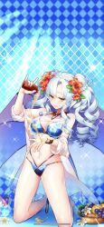 1girl anklet bare_shoulders barefoot basket beach bikini blue_background blue_bikini blue_hair blue_sky blush bracelet breasts choker cleavage closed_mouth cloud collarbone cup curly_hair day flower food fruit full_body giuniu gradient_hair groin hair_between_eyes hair_flower hair_ornament halterneck hibiscus highleg highleg_bikini highres holding jewelry kneeling large_breasts long_hair looking_at_viewer medium_breasts multicolored_hair nail_polish navel necklace o-ring o-ring_bikini ocean off_shoulder outdoors queen_mary_(uchihime) sandals see-through_clothes shawl shirt skindentation sky smile solo sparkle standing stomach sunglasses swimsuit thighs two-tone_hair uchi_no_hime-sama_ga_ichiban_kawaii water wavy_hair white_hair yellow_eyes