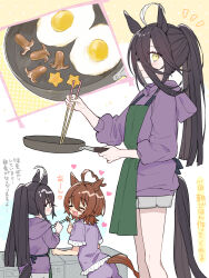 2girls :3 agnes_tachyon_(umamusume) alternate_costume alternate_hairstyle animal_ears apron black_apron black_hair brown_hair casual chopsticks cooking fried_egg frying_pan grey_shorts hair_between_eyes heart highres hood hood_down hoodie horse_ears horse_girl horse_tail long_hair long_sleeves manhattan_cafe_(umamusume) multiple_girls nochatea open_mouth pajamas ponytail purple_hoodie purple_pajamas short_shorts shorts sleeves_rolled_up tail translation_request umamusume yellow_eyes