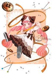 1girl absurdres artist_name black_bow bow breasts brown_background brown_shoes dress fate/grand_order fate_(series) full_body habetrot_(fate) hat highres holding_tape_measure long_hair long_sleeves looking_at_viewer open_mouth pink_hair pink_hat plaid_clothes plaid_skirt pointy_ears ringo2156 sewing_pin shoes signature skirt small_breasts smile sneakers solo tape_measure twintails watermark white_dress white_skirt