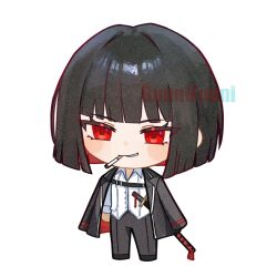 Rule 34 | 1girl, black coat, black hair, black pants, bob cut, cigarette, coat, coat on shoulders, collared shirt, full body, funnibunni, highres, limbus company, long sleeves, looking at viewer, ootachi, pants, project moon, red eyes, ryoshu (project moon), shirt, short hair, simple background, smoking, solo, standing, white background, white shirt