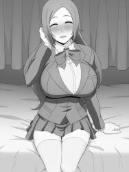 Rule 34 | 1girl, bedroom, bleach, breasts, curtains, female focus, highres, huge breasts, inoue orihime, karakura high school uniform, kh-fullhouse, long hair, monochrome, sitting, skirt, smile