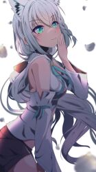 Rule 34 | 1girl, :3, absurdres, animal ear fluff, animal ears, black shorts, blue neckerchief, blush, braid, commentary request, danball shiro, detached sleeves, fox ears, fox girl, fox tail, green eyes, hair between eyes, highres, hololive, hood, hoodie, long hair, looking at viewer, neckerchief, petals, shirakami fubuki, shirakami fubuki (1st costume), short shorts, shorts, sidelocks, simple background, single braid, solo, tail, virtual youtuber, white background, white hair, white hoodie