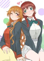 2girls arm_support arms_between_legs black_jacket blue_eyes blush braid breasts brown_hair cardigan collared_shirt commentary emma_verde freckles hair_ornament hairpin heads_together highres jacket konoe_kanata large_breasts long_hair long_sleeves love_live! love_live!_nijigasaki_high_school_idol_club monowe multiple_girls neck_ribbon nijigasaki_school_uniform one_eye_closed open_clothes open_jacket orange_cardigan plaid_clothes plaid_skirt pleated_skirt purple_eyes ribbon school_uniform shirt sitting skirt smile symbol-only_commentary twin_braids v_arms wavy_hair white_background white_shirt winter_uniform