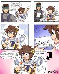 5koma age_difference angel autograph bandana blush brown_hair comic equipment gloves happy happy_tears highres insult karbuitt kid_icarus kid_icarus_uprising konami male_focus mercenary messy_hair metal_gear_(series) metal_gear_solid nintendo paper pit_(kid_icarus) shota size_difference smoking soldier solid_snake super_smash_bros. tears tight_clothes toga writing