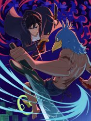 2boys absurdres afureru_colors black_coat black_hair closed_mouth coat crossover dual_wielding highres holding holding_weapon long_sleeves multiple_boys no_shirt pants scar shangri-la_frontier shirt short_hair smile solo_leveling sung_jin-woo sunraku_(shangri-la_frontier) weapon