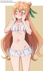 1girl absurdres animanghayo artist_name bikini blush breasts breasts_squeezed_together brown_hair clenched_hands clip_studio_paint_(medium) commentary english_commentary green_ribbon hair_ribbon hands_up highres inda_karane kimi_no_koto_ga_dai_dai_dai_dai_daisuki_na_100-nin_no_kanojo long_hair looking_to_the_side medium_breasts navel patreon_logo patreon_username puckered_lips ribbon side-tie_bikini_bottom solo standing subscribestar_logo subscribestar_username swimsuit thighs v-shaped_eyebrows watermark web_address white_bikini yellow_background yellow_eyes