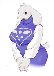 1girl animal_ears animal_hands bebebe blush breasts claws cowboy_shot cropped_legs dress fang female_focus furry furry_female goat_ears goat_horns goat_tail happy horns large_breasts light_blush long_sleeves looking_to_the_side open_mouth own_hands_together purple_dress purple_eyes shirt sideways_mouth simple_background sleeveless sleeveless_dress smile solo standing tail toriel turtleneck undertale v_arms white_background white_shirt