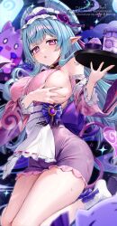 1girl absurdres apron bare_shoulders blue_hair breasts commentary covered_groin demon_tail detached_sleeves dress frilled_sleeves frills genshin_impact grabbing_own_breast highres holding holding_tray impossible_clothes large_breasts long_hair looking_at_viewer maid maid_apron open_mouth pointy_ears purple_dress purple_eyes sideboob sitting socks solo sweat tail thighs tray wariza white_socks yayoi_maka yumemizuki_mizuki