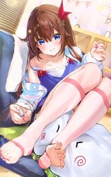 1girl absurdres alternate_costume black_shorts blue_camisole blue_cardigan blue_eyes brown_hair camisole cardigan commentary_request diamond_hair_ornament dolphin_shorts feet frilled_camisole frills grin hair_flaps hair_ornament hair_ribbon hairclip highres holding hololive indoors kneehighs long_hair looking_at_viewer nail_polish pink_socks red_ribbon ribbon short_shorts shorts single_off_shoulder sitting sleeves_past_wrists smile socks soles solo star_(symbol) star_hair_ornament striped_cardigan toeless_socks toenail_polish toenails toes toge0toge0 tokino_sora virtual_youtuber