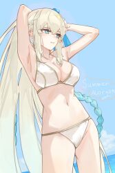1girl absurdres armpits arms_behind_head bikini blue_eyes braid breasts caat106 character_name cleavage crown_braid fate/grand_order fate_(series) hair_between_eyes highres long_hair morgan_le_fay_(fate) morgan_le_fay_(water_princess)_(fate) navel ponytail solo swimsuit very_long_hair white_hair