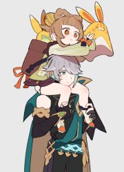 &gt;_&lt; 1boy 1girl :&lt; :3 alhaitham_(genshin_impact) arms_up basket bell black_gloves black_pants black_shirt bloomers blunt_bangs blush boots bow bow-shaped_hair braid brown_dress brown_eyes brown_hair cape carrying closed_eyes closed_mouth commentary_request cowboy_shot do_m_kaeru dress elbow_gloves expressionless fur-trimmed_boots fur_trim genshin_impact gloves green_cape green_eyes green_hair green_jacket grey_background grey_hair hair_bell hair_ornament hair_over_one_eye hands_up headphones holding jacket jingle_bell jitome long_sleeves multicolored_hair one_eye_covered orange_bow pants parted_bangs partially_fingerless_gloves rabbit radish shirt short_hair shoulder_carry sidelocks simple_background sleeveless sleeveless_shirt smile standing swept_bangs underwear v-shaped_eyebrows white_bloomers white_footwear yaoyao_(genshin_impact) yuegui_(genshin_impact)