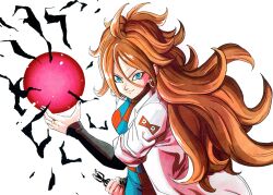 1girl absurdres android_21 black_electricity blue_dress blue_eyes brown_hair checkered_clothes checkered_dress coat dragon_ball dragon_ball_fighterz dress earrings electricity energy energy_ball eyelashes glasses glowing highres holding holding_removed_eyewear hoop_earrings jewelry long_hair red_dress silverwoodwork simple_background solo two-tone_dress unworn_eyewear upper_body white_background white_coat