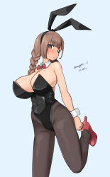 1girl absurdres animal_ear_hairband animal_ears aqua_background black_leotard black_pantyhose bow bowtie braid breasts brown_eyes brown_hair dated detached_collar fake_animal_ears hairband highres kantai_collection large_breasts leotard long_hair maru_(marg0613) pantyhose playboy_bunny rabbit_ears red_bow red_bowtie red_shoes shinshuu_maru_(kancolle) shoes simple_background solo standing strapless strapless_leotard twin_braids twitter_username wrist_cuffs