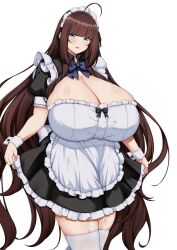 1girl ahoge apron arashiki_mamizu black_bow black_dress black_ribbon blue_bow blue_bowtie blue_eyes blunt_bangs bow bowtie breasts brown_hair chest_bow cleavage cleavage_cutout clothing_cutout collared_dress commentary_request cowboy_shot dress frilled_apron frilled_dress frills gigantic_breasts hairband head_tilt highres long_hair looking_at_viewer low_neckline maid maid_apron maid_headdress miyoshi_renka original parted_lips puffy_short_sleeves puffy_sleeves ribbon sagging_breasts shiny_skin short_dress short_sleeves sidelocks simple_background skirt_hold smile solo standing thighhighs thighs very_long_hair white_apron white_background white_wrist_cuffs wrist_cuffs