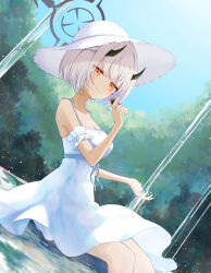 1girl blue_archive blue_sky breasts dress halo hat medium_breasts sena_(blue_archive) sena_(casual)_(blue_archive) shiroiurushi short_hair sitting sky solo straw_hat water white_dress white_hair