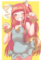 1girl animal_ears bare_shoulders blue_choker blue_dress blunt_bangs bracelet choker commentary_request cowboy_shot curled_tail dog_ears dog_tail dress fur_bracelet grin half-closed_eye hands_up highres kemonomimi_mode kotonoha_akane long_hair looking_at_viewer mashima_jirou microdress one_eye_closed one_side_up panties paw_pose pink_eyes pink_hair pink_panties sidelocks simple_background smile solo star_panties strapless strapless_dress tail translation_request underwear very_long_hair voiceroid yellow_background