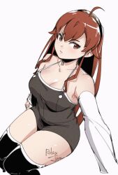 Rule 34 | 1girl, ahoge, bare shoulders, blush, breasts, dress, eris greyrat, hair between eyes, hairband, long hair, mushoku tensei, red eyes, red hair, relaxjon, sitting, solo, very long hair, white background