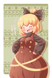 +++ 1girl ^_^ arinu black_bow blonde_hair blush bow brown_dress buttons closed_eyes commentary_request cowboy_shot dress female_focus hair_bow hair_bun hands_on_own_hips highres kurodani_yamame long_sleeves open_mouth partial_commentary puffy_long_sleeves puffy_sleeves ribbon short_hair single_hair_bun solo touhou turtleneck wide_sleeves