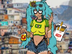 1girl alcohol beer black_panties blue_hair bracelet brazil brazilian_miku cigar flower glasses hatsune_miku jewelry panties septemko sunflower tagme underwear vocaloid