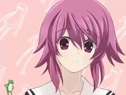 1girl animated black_jacket chaos;child cheren.r female_focus gero_kaerun jacket music onoe_serika pink_background pink_eyes pink_hair sailor_collar school_uniform singing smile video white_sailor_collar