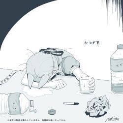 1girl a4_(a4_eishi) absurdres animal_ears barley_tea bottle chrono_genesis_(umamusume) clenched_hand crumpled_paper crying glass hair_between_eyes hair_ornament highres holding horse_ears long_hair monochrome partially_translated pen school_uniform solo table tracen_school_uniform translation_request umamusume water_bottle