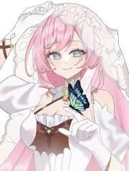 1girl bare_shoulders blue_butterfly blue_eyes breasts bridal_veil bug butterfly cleavage closed_mouth detached_sleeves dress elysia_(honkai_impact) elysia_(miss_pink_elf)_(honkai_impact) gloves hair_between_eyes highres holding_butterfly holding_veil honkai_(series) honkai_impact_3rd insect large_breasts long_hair looking_at_viewer official_alternate_costume pink_hair smile toodaaa_000 upper_body veil very_long_hair white_background white_dress white_gloves