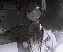 Rule 34 | 1boy, blue eyes, commentary request, emblem, evoker, expressionless, gekkoukan high school uniform, glowing, glowing eyes, greyscale, gun, gun to head, hair over one eye, headphones, jacket, kenko (hjlahh), monochrome, neck ribbon, partially colored, persona, persona 3, rain, ribbon, school uniform, shirt, solo, weapon, wet, yuuki makoto (persona 3)
