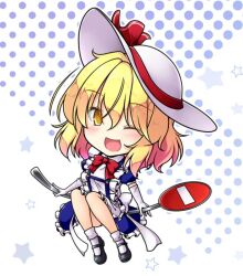 Rule 34 | 1girl, :d, aka tawashi, ankle socks, apron, black shoes, blonde hair, chibi, collared shirt, commentary request, dress, elbow gloves, frilled apron, frilled dress, frills, gloves, happy, hat, hat ribbon, kana anaberal, maid apron, medium hair, no entry sign, one eye closed, open mouth, puffy short sleeves, puffy sleeves, red ribbon, ribbon, road sign, shirt, shoes, short sleeves, sign, smile, socks, solo, sun hat, touhou, touhou (pc-98), white apron, white gloves, white hat, white socks, yellow eyes