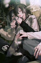 3boys against_wall bishounen black_hair candy cigarette commentary_request denim ear_piercing earphones earrings finger_tattoo food graffiti hair_between_eyes hand_tattoo holding holding_candy holding_cigarette holding_food holding_lighter holding_lollipop itefu jeans jewelry layered_sleeves leaning_back lighter lollipop long_sleeves male_focus multicolored_hair multiple_boys multiple_rings necklace original pants piercing ring shirt short_hair short_over_long_sleeves short_sleeves sitting sleeves_past_wrists smoke smoking sweater tattoo torn_clothes white_hair white_shirt yellow_eyes