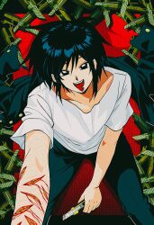 1boy black_eyes black_hair black_jacket bleeding blood boxcutter cuts from_above gakuran guro highres injury jacket looking_at_viewer male_focus randal&#039;s_friends school_uniform self-harm self-harm_scar shirt short_hair sitting solo tongue tongue_out tsukada_satoru unworn_jacket uri_ka55 white_shirt