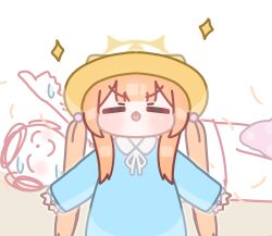 1boy 1girl absurdres blue_archive blue_dress blunt_bangs blush chibi commentary_request doodle_sensei_(blue_archive) dress halo hat highres horuhara kindergarten_uniform korean_commentary long_hair long_sleeves lying mari_(blue_archive) neck_ribbon no_nose on_back orange_hair pants ribbon school_hat sensei_(blue_archive) shirt sleeves_past_wrists sweat thumbs_up tongue tongue_out twintails v-shaped_eyebrows very_long_hair white_ribbon yellow_halo yellow_hat
