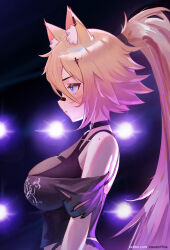 1girl animal_ear_fluff animal_ears bandaid bandaid_on_face bandaid_on_nose black_bra black_choker black_panties black_shirt blonde_hair blue_eyes bra breasts cat_ears cat_girl choker hair_between_eyes hair_ornament highres indie_virtual_youtuber large_breasts lights long_hair obkatiekat obkatiekat_(2nd_costume) panties ponytail see-through_clothes shirt solo stealcoffins torn_clothes torn_shirt twitter_username underwear upper_body virtual_youtuber