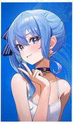 1girl absurdres blue_background blue_choker blue_eyes blue_hair border camisole choker grin hair_ribbon hand_up highres hololive hoshimachi_suisei loloco looking_at_viewer ribbon side_ponytail smile star_(symbol) star_in_eye symbol_in_eye upper_body v virtual_youtuber white_border white_camisole