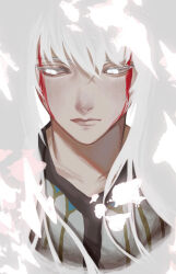 Rule 34 | 1boy, blending, close-up, colored eyelashes, expressionless, facepaint, hair between eyes, lips, long hair, male focus, portrait, red facepaint, robe, shadow, simple background, solo, tower of god, user xpfh3758, white (tower of god), white background, white eyelashes, white eyes, white hair, white robe