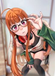 1girl absurdres adjusting_eyewear ahoge bare_shoulders behind-the-head_headphones black-framed_eyewear black_shorts black_tank_top black_thighhighs blurry blurry_background blush breasts collarbone commentary depth_of_field dilan_griz english_commentary feet_out_of_frame fur-trimmed_jacket fur_trim glasses green_jacket hand_on_eyewear hand_on_own_knee hand_up headphones headphones_around_neck highres indoors jacket long_hair long_sleeves looking_at_viewer off-shoulder_shirt off_shoulder orange_hair parted_lips persona persona_5 photo-referenced pink_eyes pink_nails sakura_futaba shirt short_shorts shorts signature small_breasts solo tank_top thighhighs white_shirt