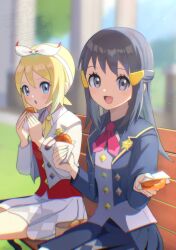 2girls akari_(pokemon) ako_(rawhji0rdbsmzf7) badge bench black_hair blonde_hair blue_eyes blue_jacket blue_skirt blurry blurry_background bow bow_hairband buttons commentary contemporary cosplay diamond_button food food_wrapper grey_shirt hair_ornament hairband highres holding holding_food imomochi incoming_gift irida_(pokemon) jacket long_hair looking_at_viewer multiple_girls neckerchief nintendo open_clothes open_jacket open_mouth outdoors pink_neckerchief pleated_skirt pokemon pokemon_legends:_arceus pokemon_masters_ex red_shirt rosa_(academy)_(pokemon) rosa_(pokemon) rosa_(pokemon)_(cosplay) school_uniform shirt short_hair sitting skirt smile watermark white_bow white_hairband white_jacket white_skirt
