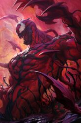 Rule 34 | 1boy, artist name, biceps, carnage (marvel), claws, colored skin, commentary, english commentary, hand up, male focus, marvel, muscular, muscular male, official art, open mouth, red skin, sharp teeth, signature, smile, solo, spider-man (series), stanley lau, symbiote, teeth, tentacles, textless version, white eyes