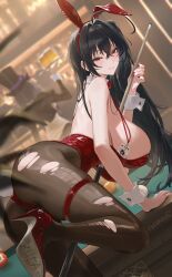 2girls animal_ears azur_lane ball billiard_ball black_pantyhose blush breasts cheshire_(azur_lane) cheshire_(the_cat_in_the_magic_hat)_(azur_lane) detached_collar fake_animal_ears fake_tail hair_ornament hairband hanging_breasts high_heels highleg highleg_leotard highres huge_breasts id_card leotard long_hair looking_at_viewer multiple_girls nail_polish official_alternate_costume pantyhose parted_lips pool_table rabbit_ears rabbit_tail red_eyes red_hairband red_leotard red_nails rucarachi skindentation smile solo_focus table taihou_(azur_lane) taihou_(fun_on_the_baize)_(azur_lane) tail thigh_bow thighs torn_clothes torn_pantyhose wrist_cuffs