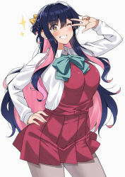 1girl aqua_bow aqua_bowtie black_hair blush bow bowtie breasts cowboy_shot grey_pantyhose hair_ribbon highres kantai_collection kusano_(torisukerabasu) large_breasts long_hair looking_at_viewer multicolored_hair naganami_(kancolle) one_eye_closed pantyhose pink_hair ribbon school_uniform skirt smile solo two-tone_hair v wavy_hair white_background yellow_eyes