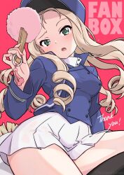 Rule 34 | 1girl, bc freedom military uniform, blonde hair, blue eyes, blue jacket, boots, drill hair, ehirorotoon, fang, girls und panzer, hand fan, hat, highres, holding, holding fan, jacket, long hair, looking at viewer, marie (girls und panzer), open mouth, simple background, sitting, skirt, solo, white skirt